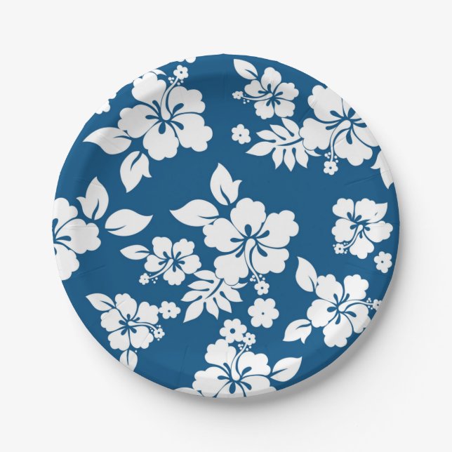 Teal Blue and White Hibiscus floral pattern Paper Plates (Front)