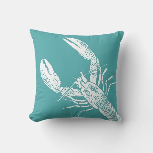 Teal Blue and White Lobster Illustration Throw Pillow