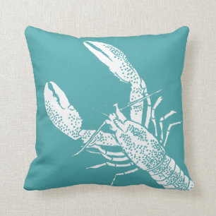 Teal Blue and White Lobster Illustration Throw Pillow