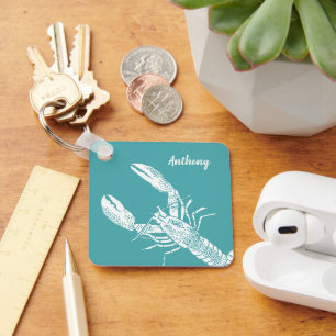 Teal Blue and White Lobster Personalized Keychain