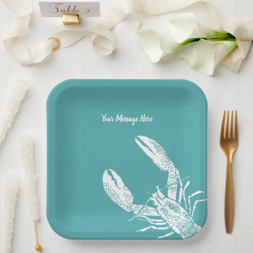 Teal Blue and White Lobster Personalized Paper Plates