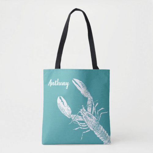 Teal Blue and White Lobster Personalized Tote Bag