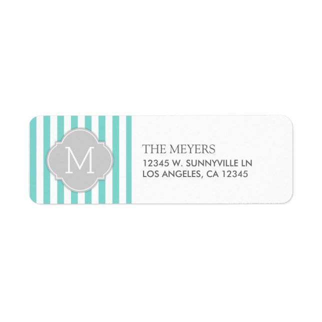 Teal Blue and White Modern Stripes with Monogram Label (Front)