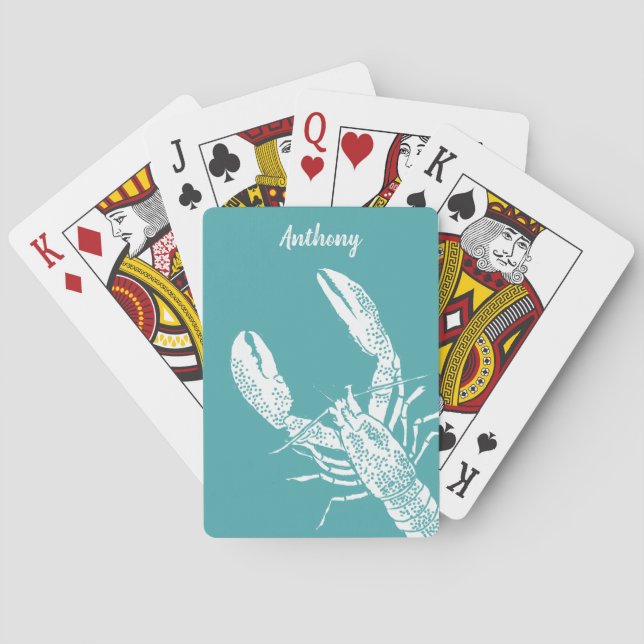 Teal Blue and White Nautical Lobster Poker Cards (Back)