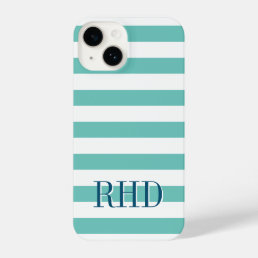 Teal blue and white nautical stripes custom name iPhone 14 case