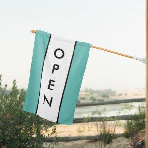 Teal Blue and White Open Sign for Business Flag