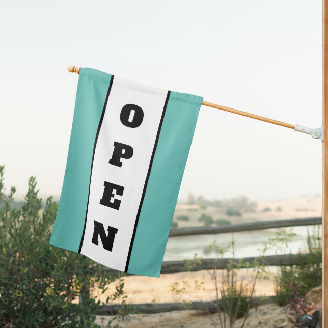 Teal Blue and White Open Sign for Business Flag (Insitu (Back))