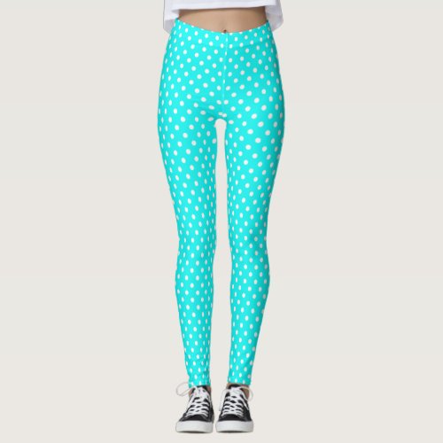 Teal Blue and White Polka Dots Leggings