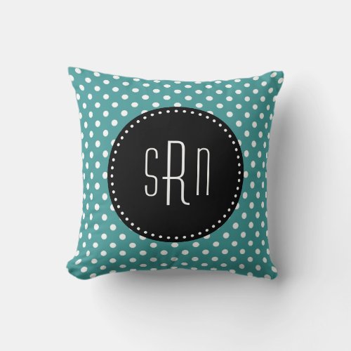 Teal blue and white polka dots with black monogram throw pillow