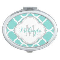 Teal Blue and White quatrefoil with Monogram Compact Mirror