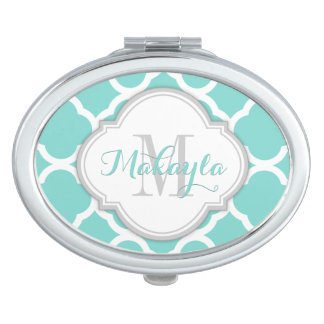 Teal Blue and White quatrefoil with Monogram Compact Mirror