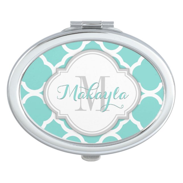 Teal Blue and White quatrefoil with Monogram Compact Mirror (Front)