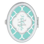 Teal Blue and White quatrefoil with Monogram Compact Mirror (Side)