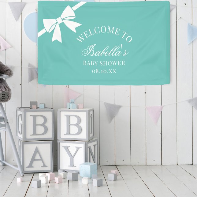Teal Blue And White Ribbon Bow Baby Shower Welcome Banner (Creator Uploaded)