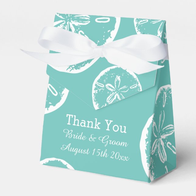 Teal blue and white sanddollar shell wedding favor boxes (Front Side)