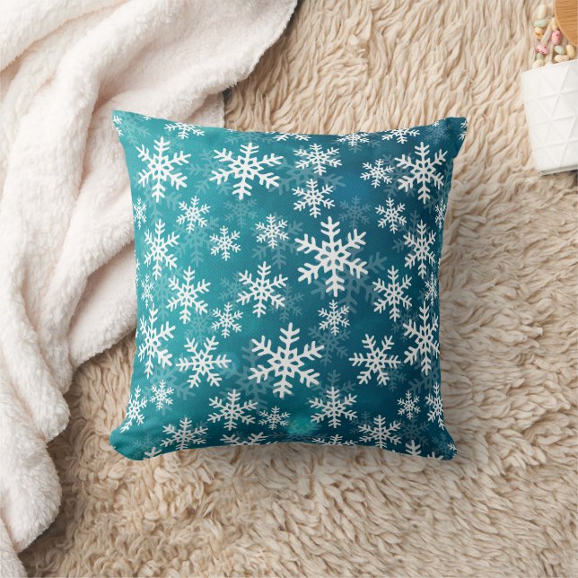Teal Blue and White Snowflakes Throw Pillow (Blanket)