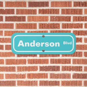 Teal Blue and White Street Name Metal Sign