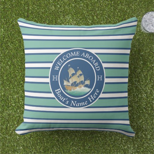 Teal Blue and White Striped Nautical Boat Name  Outdoor Pillow