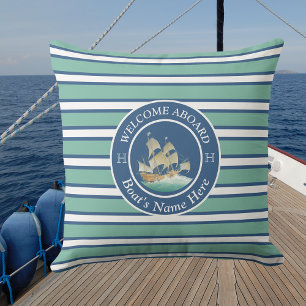 Teal Blue and White Striped Nautical Boat Name  Outdoor Pillow