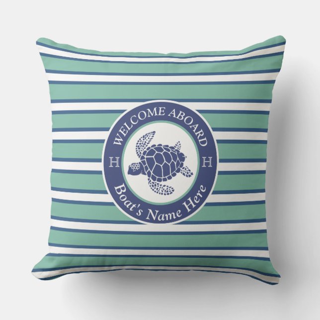 Teal Blue and White Striped Sea Turtles Outdoor Pillow (Front)