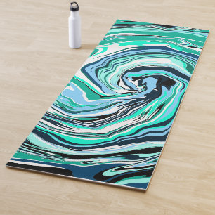 Teal, Blue and White Swirls Fluid Art Yoga Mat