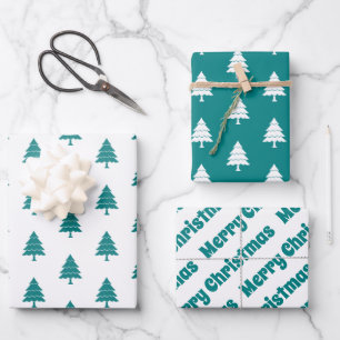 Teal blue and white trees Merry Christmas holiday Wrapping Paper Sheets