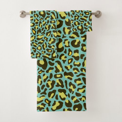 Teal Blue and Yellow Leopard Print Trendy Bath Towel Set