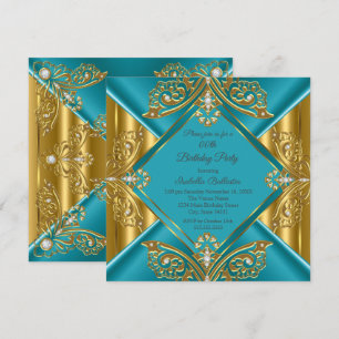 Teal Blue Any Age Birthday Party Gold Diamond Invitation