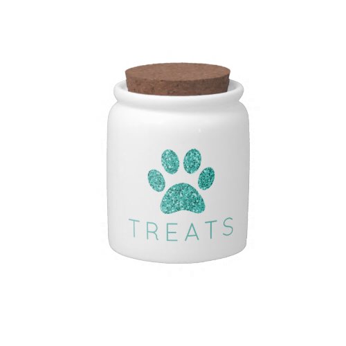 Teal Blue Aqua Glitter Paw Print Pet Treat Jar