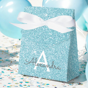 Teal Blue Aqua Glitter & Sparkle Monogram Favor Boxes