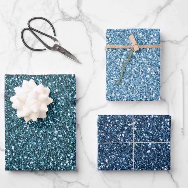 Teal Blue Aqua Glitter Wrapping Paper Sheets (Front)