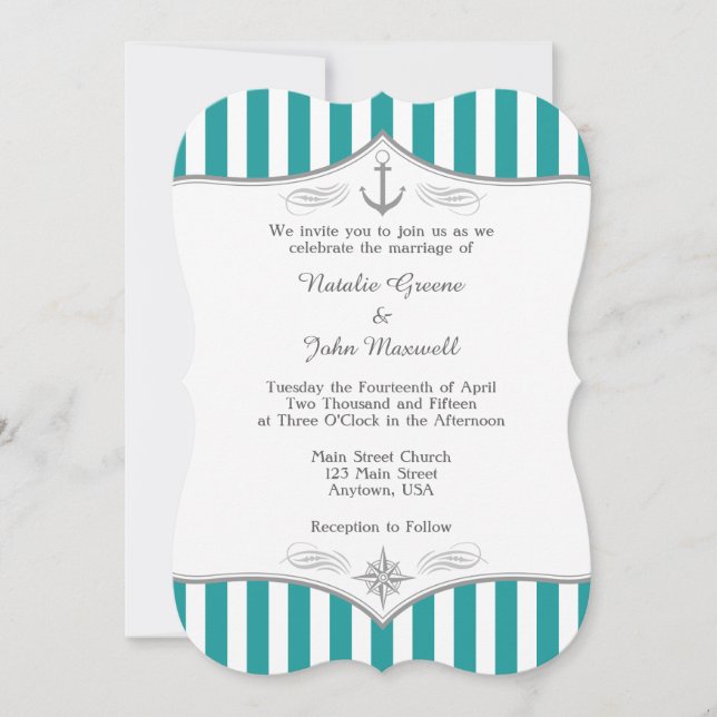 Teal Blue Aqua Gray Nautical Wedding Invitation (Front)
