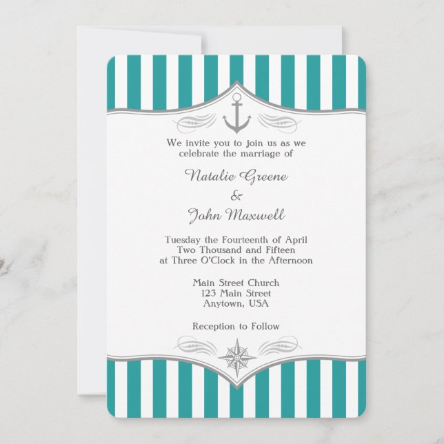 Teal Blue Aqua Gray Nautical Wedding Invitation (Front)