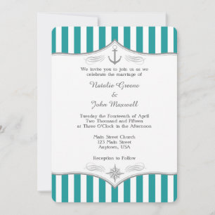Teal Blue Aqua Gray Nautical Wedding Invitation