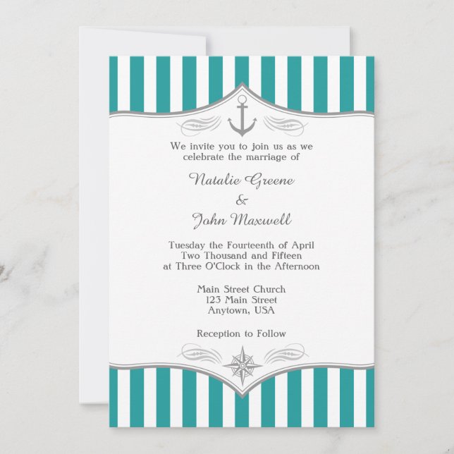 Teal Blue Aqua Gray Nautical Wedding Invitation (Front)