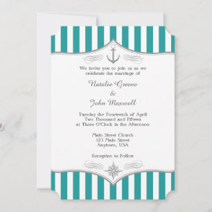 Teal Blue Aqua Gray Nautical Wedding Invitation