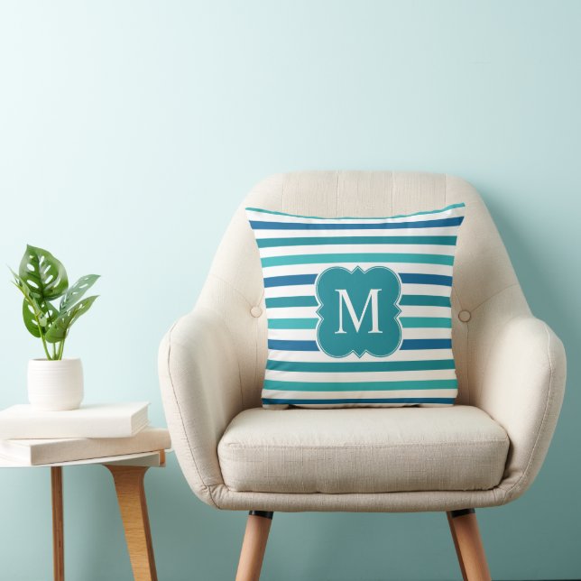 Teal Blue Aqua Green Monogram Stripes Pattern Throw Pillow (Chair)