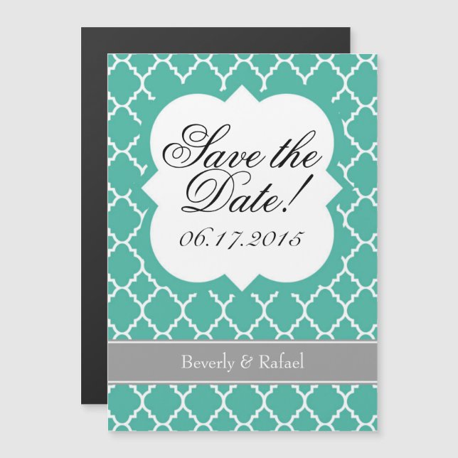 Teal Blue Aqua Quatrefoil Save The Date Magnet (Front/Back)