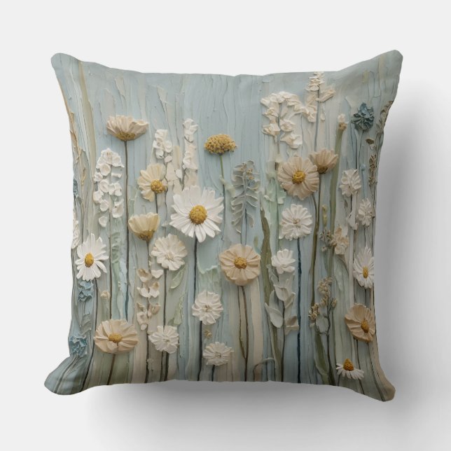 Teal Blue Aqua Sage Green Wildflower Print Throw Pillow (Front)