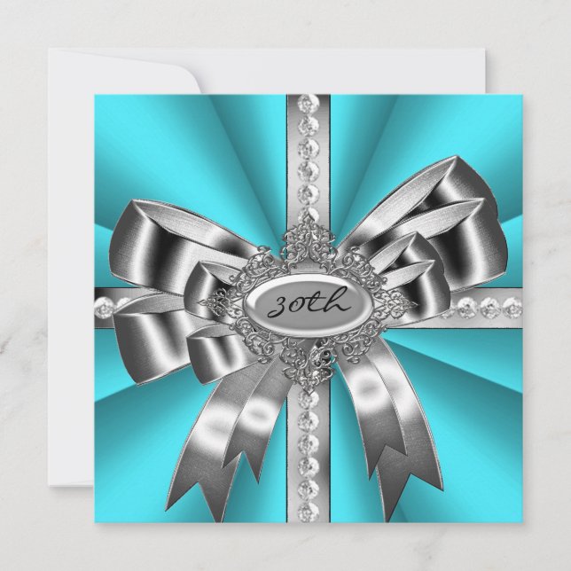 Teal Blue Aqua Silver Bow 30th Black White Gems Invitation (Front)