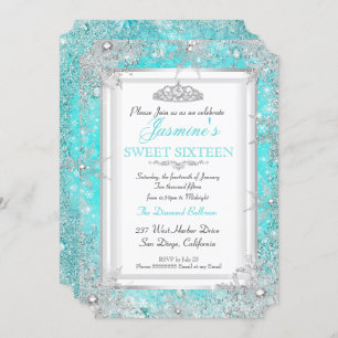 Teal Blue Aqua Silver Winter Wonderland Sweet 16 Invitation