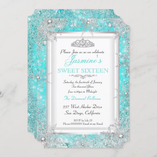 Teal Blue Aqua Silver Winter Wonderland Sweet 16 Invitation