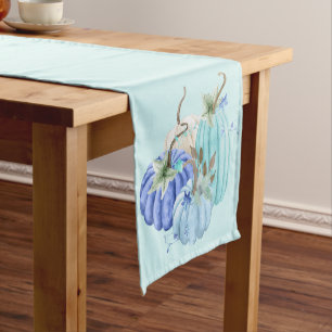 Teal Blue Aqua Taupe Pumpkin Autumn Fall Short Table Runner