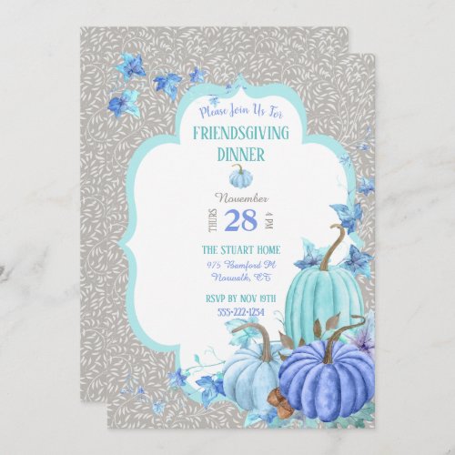 Teal Blue Aqua Taupe Pumpkin Friendsgiving Invitation