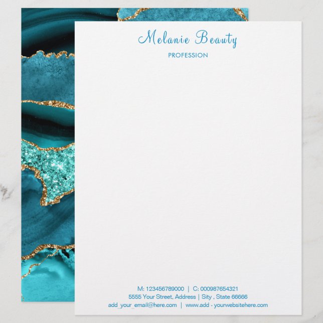 Teal Blue Aqua Tirquoise Your Text Info Letterhead (Front/Back)