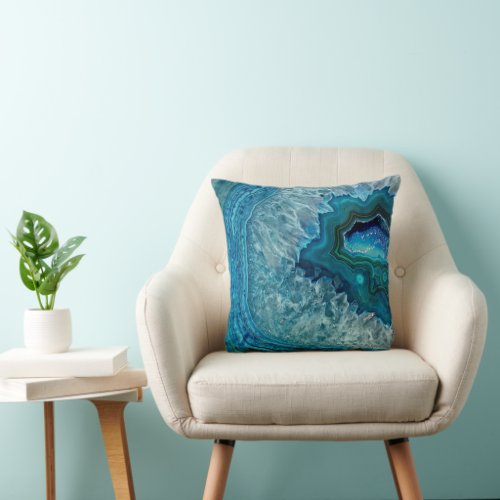 Teal Blue Aqua Turquoise Geode Crystals Pattern Throw Pillow