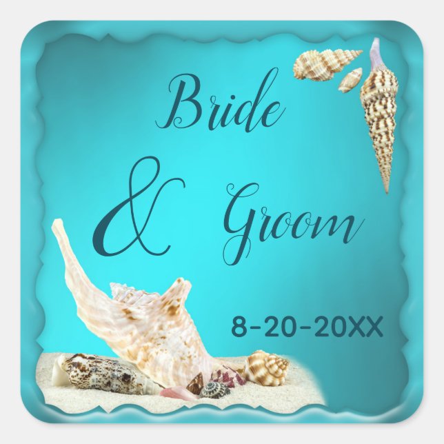 Teal Blue Aqua Turquoise Seashell Beach Wedding Square Sticker (Front)