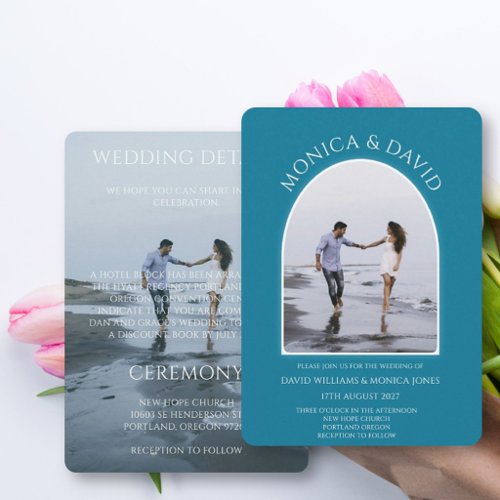 Teal Blue Arch Style Photo Wedding Invitation