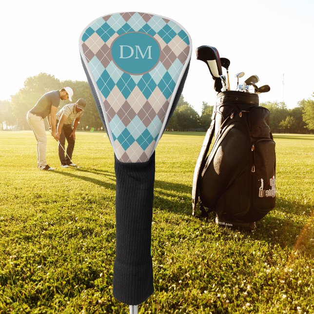 Teal Blue Argyle Pattern Monogram Golf Head Cover (Creator Uploaded)