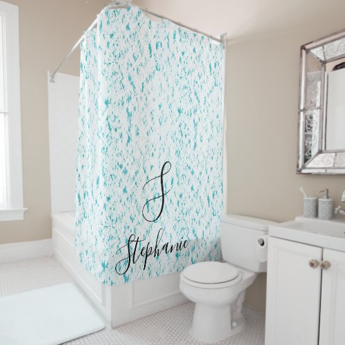 Teal Blue Artsy Patterns Monograms Name White Cool Shower Curtain